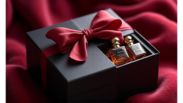 Luxurious gift box with satin ribbon, partially open to reveal exquisite miniature perfume bottles and a silk scarf, set on a velvet surface.