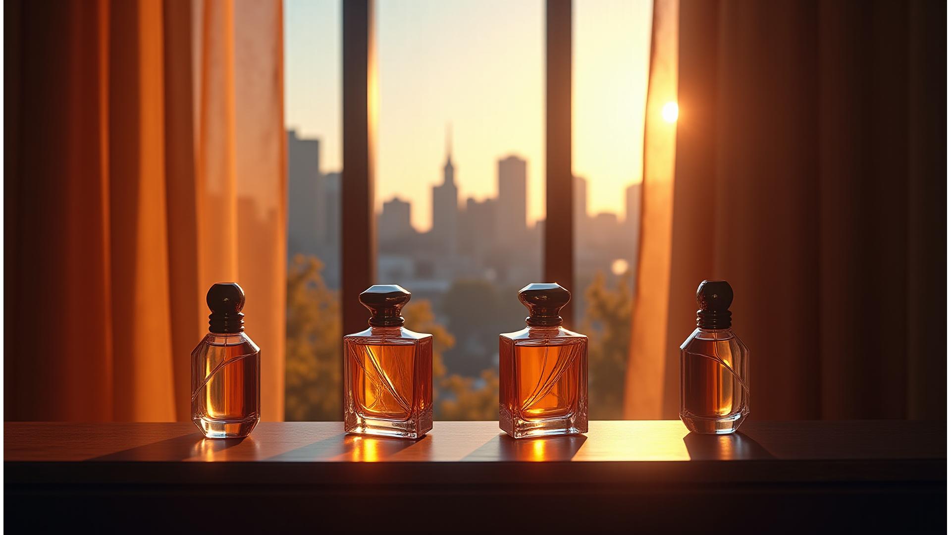 Elegant perfume bottles with a soft focus Portland skyline in the background, conveying luxury and local essence.