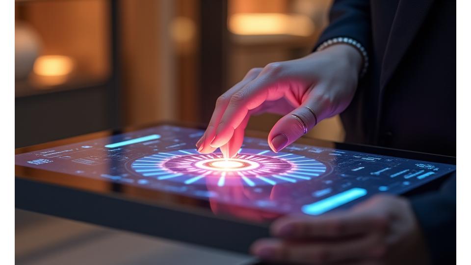 Close-up of a hand reaching out to select a scent on a glowing, interactive digital scent wheel, symbolizing personalized discovery.