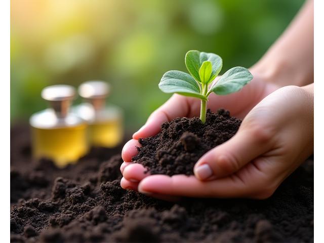 A close-up of delicate hands nurturing a small green plant emerging from rich soil, surrounded by subtle perfume elements, conveying environmental care.