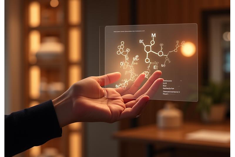 A futuristic, elegant human hand interacting with a glowing, transparent holographic interface displaying scent molecules and emotional data points, set against a soft, unfocused background of a Portland studio.