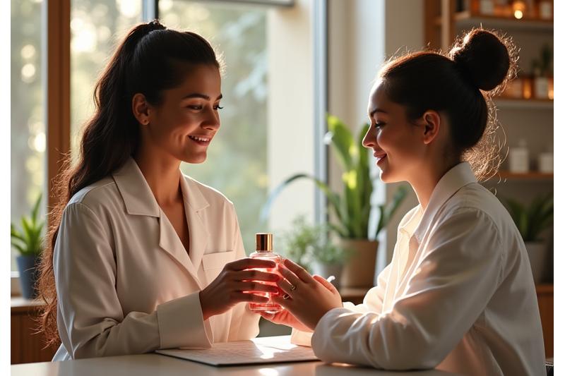 A certified aromachology practitioner gently holding a perfume bottle, engaged in a personalized consultation with a client in a bright, inviting space.