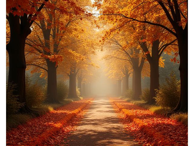Golden and red autumn leaves carpeting a path in a Portland park, with softly diffused sunlight filtering through the trees.