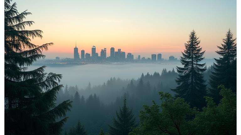 Misty Portland skyline at dawn, with lush green trees in the foreground, evoking a sense of calm and natural beauty.