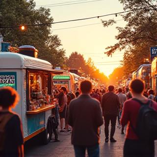 Vibrant, diverse collection of food trucks in a busy Portland food cart pod, with people enjoying meals.