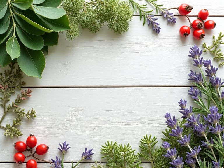 A collection of fresh, vibrant Pacific Northwest botanicals laid out on a rustic wooden table: fir needles, wild Oregon rose hips, lavender sprigs, and moss.