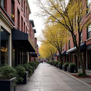 Historic brick buildings and modern urban architecture side-by-side in Portland's Pearl District, with refined cafes and boutiques.