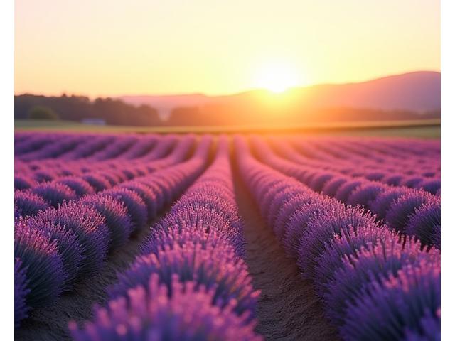 Vibrant purple lavender field under clear summer sky in rural Oregon, with distant mountains.