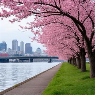Cherry trees blooming along the Willamette River at Portland's Waterfront Park, with the city skyline in the background.
