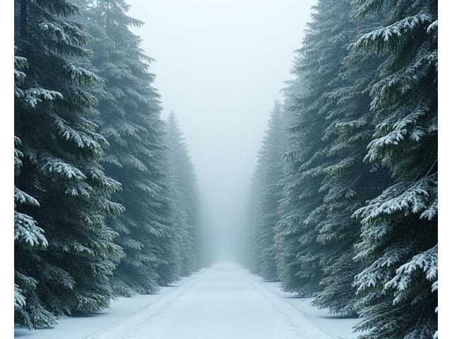 Dense, snow-dusted evergreen forest with a serene, mystical ambiance, capturing Portland's winter charm.