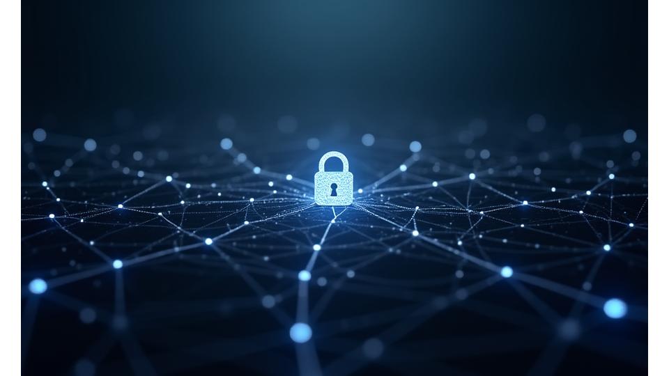 A visual representation of digital security: abstract glowing lines forming a protective network around a subtle lock icon, against a dark, secure background.