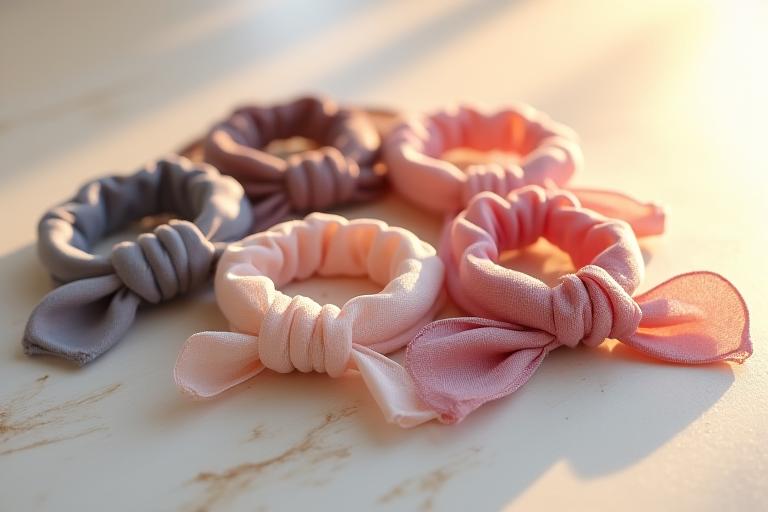 A collection of elegant silk hair ties, some subtly infused with fragrance, arranged on a textured surface, evoking luxury and sensory appeal.