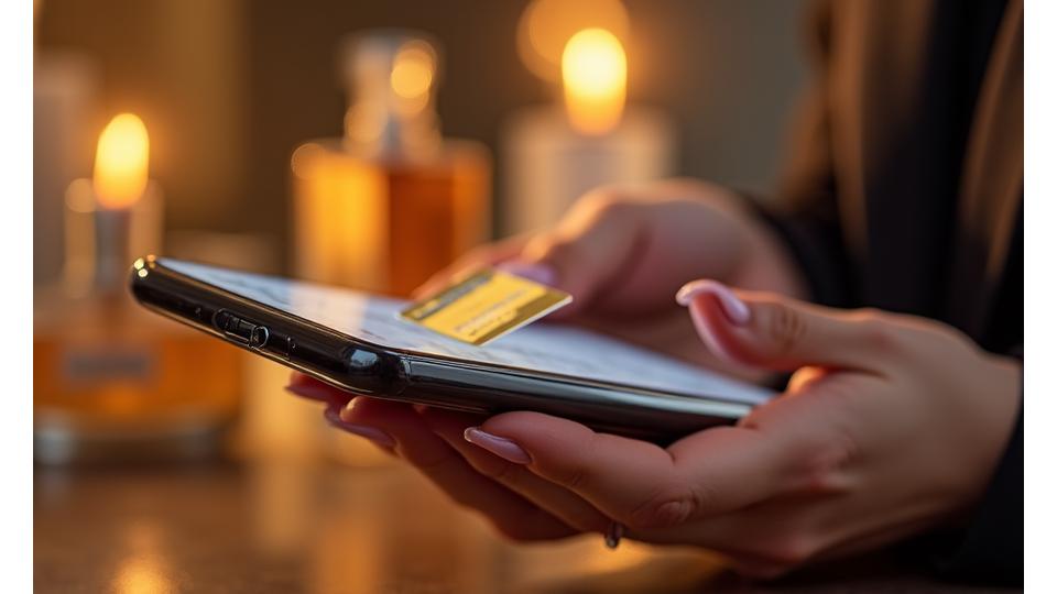 Detail of elegant hands holding a credit card over a smartphone with a secure payment interface, surrounded by softly blurred perfume bottles.