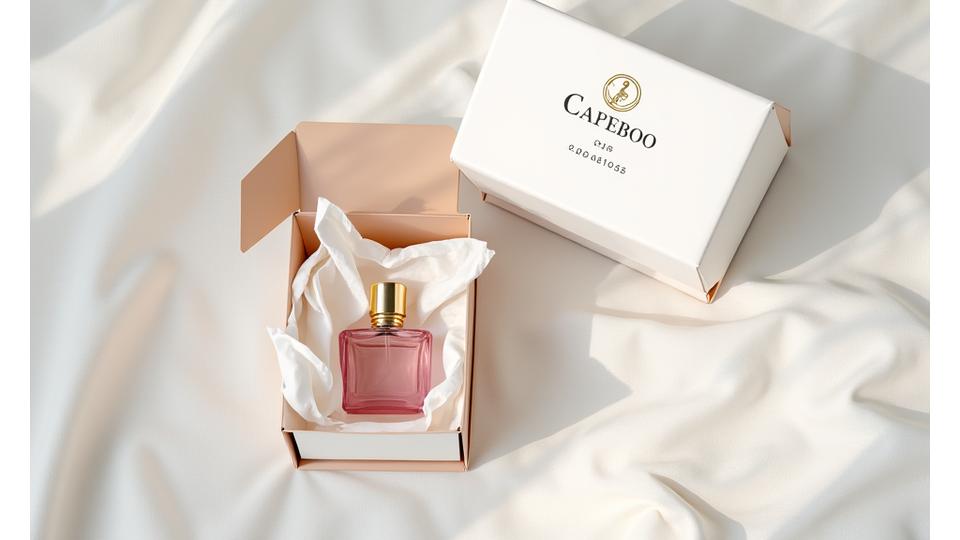 A neatly packed open parcel with fragrance products, next to a return label and a small gift tag, symbolizing easy returns.